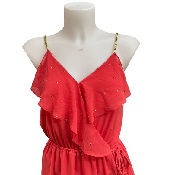 MICHAEL KORS ruffled front vneck gold chain w/ studs chiffon cami top coral szXS - Picture 2 of 8